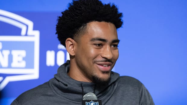 Alabama quarterback Bryce Young (QB15) speaks to the press at the NFL Combine at Lucas Oil Stadium.